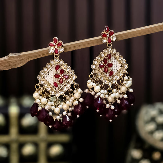 Jayati Kundan Pearl  Earrings - Maroon