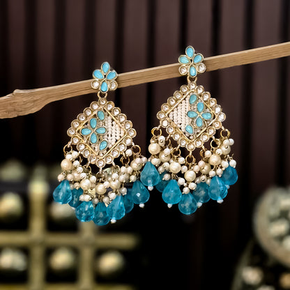 Jayati Kundan Pearl  Earrings - Sky Blue