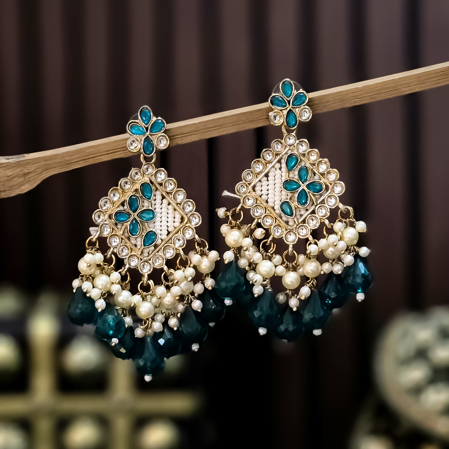Jayati Kundan Pearl  Earrings - Peacock Blue