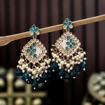 Jayati Kundan Pearl  Earrings - Peacock Blue