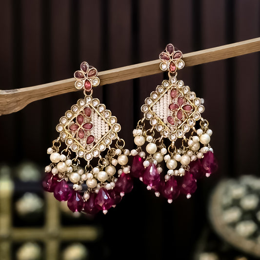 Jayati Kundan Pearl  Earrings - Wine
