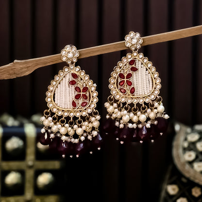 Jissa Kundan Pearl  Earrings - Maroon