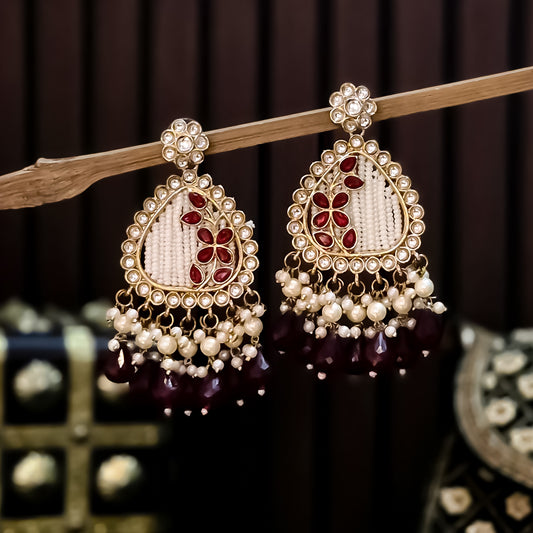 Jissa Kundan Pearl  Earrings - Maroon