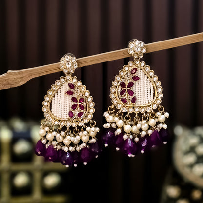 Jissa Kundan Pearl  Earrings - Purple