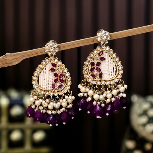 Jissa Kundan Pearl  Earrings - Purple