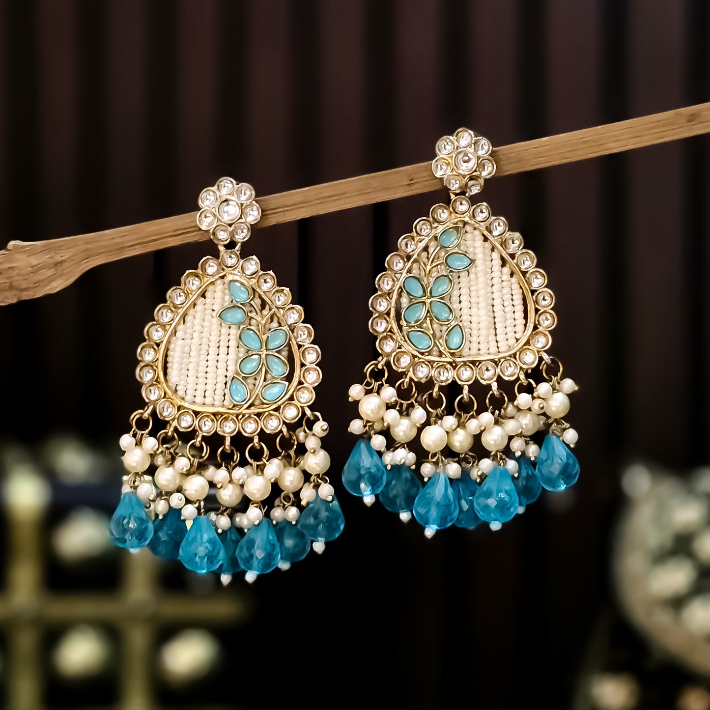 Jissa Kundan Pearl  Earrings - Sky Blue