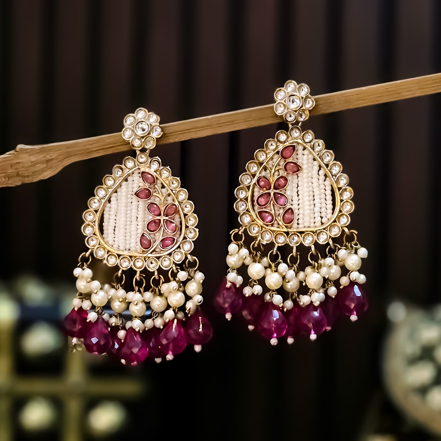Jissa Kundan Pearl  Earrings - Wine