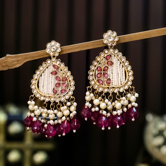Jissa Kundan Pearl  Earrings - Wine