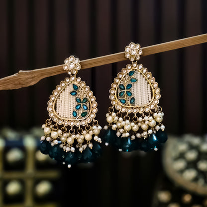 Jissa Kundan Pearl  Earrings - Peacock Blue