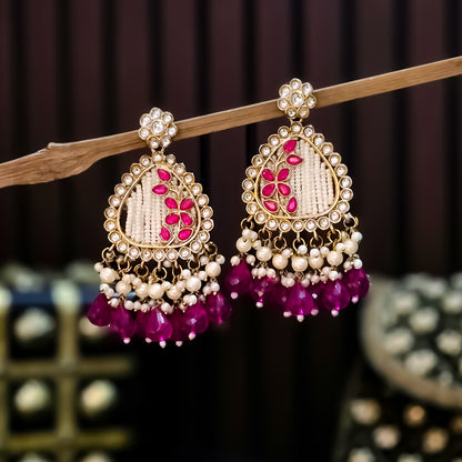 Jissa Kundan Pearl  Earrings - Hot Pink