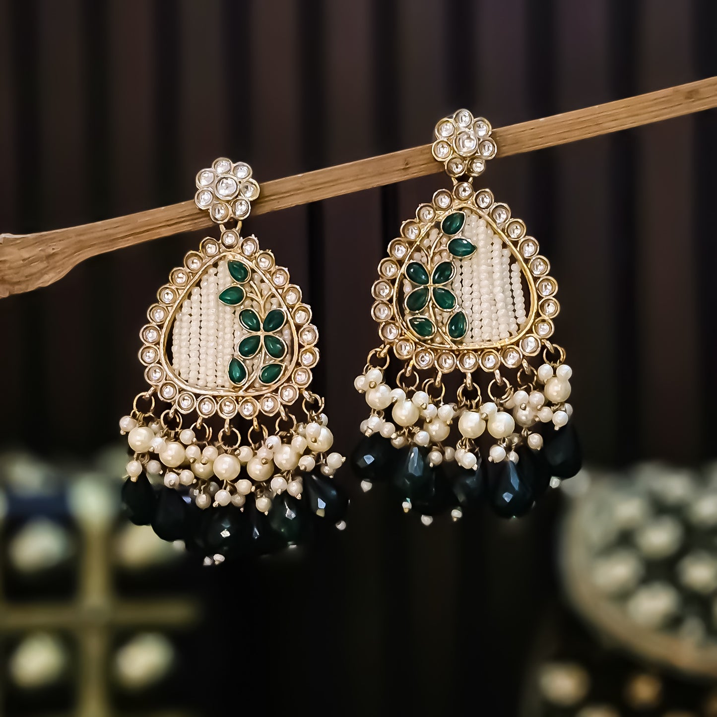 Jissa Kundan Pearl  Earrings - Green