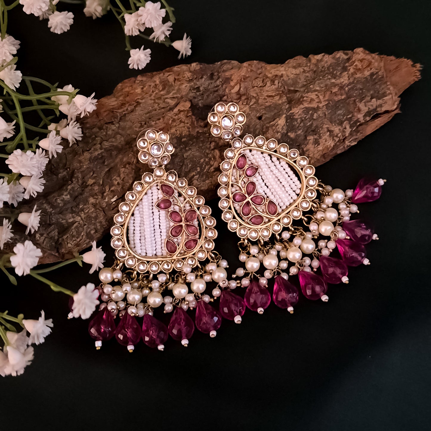 Jissa Kundan Pearl  Earrings - Wine