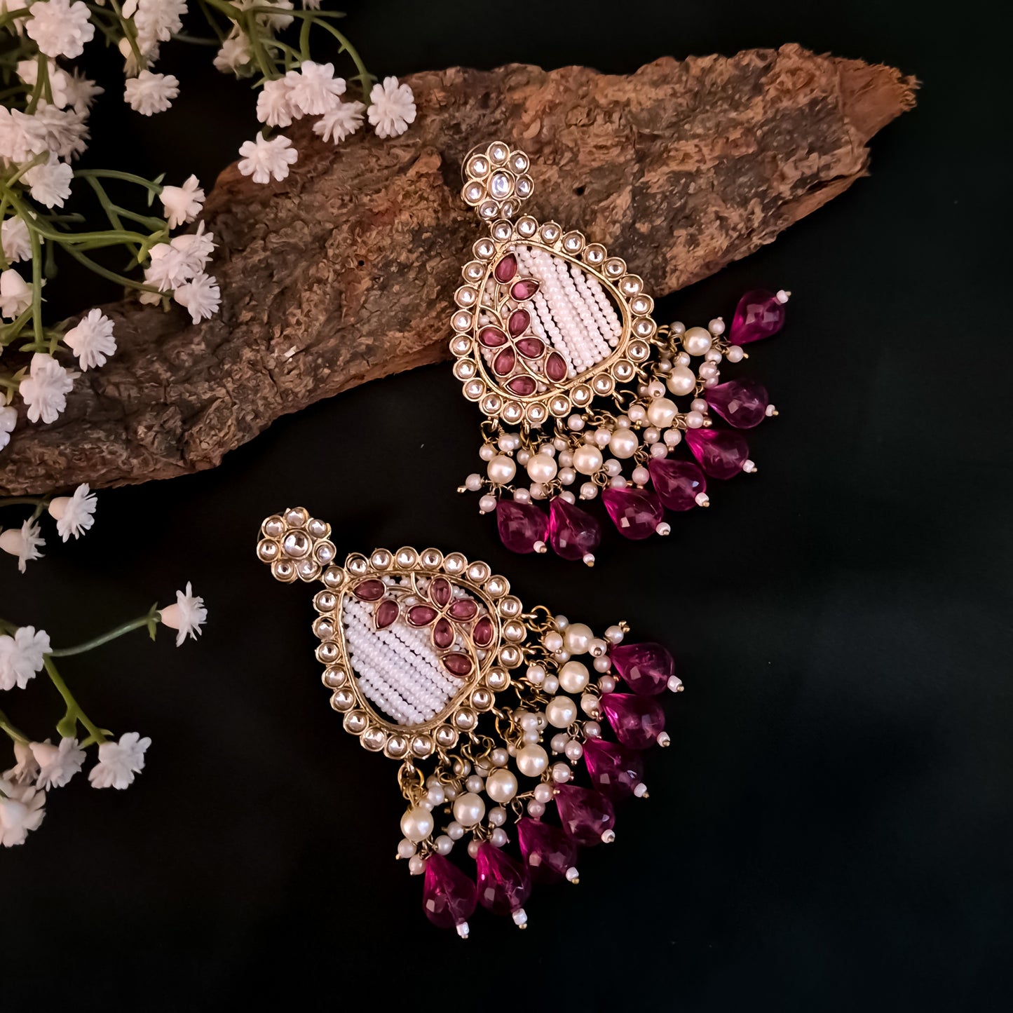 Jissa Kundan Pearl  Earrings - Wine