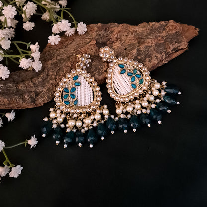 Jissa Kundan Pearl  Earrings - Peacock Blue