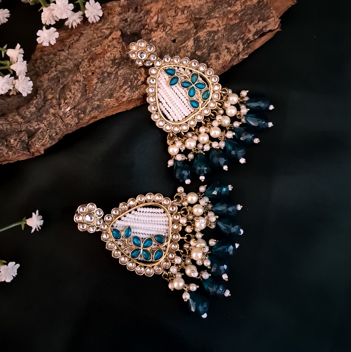 Jissa Kundan Pearl  Earrings - Peacock Blue