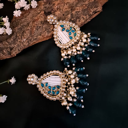 Jissa Kundan Pearl  Earrings - Peacock Blue