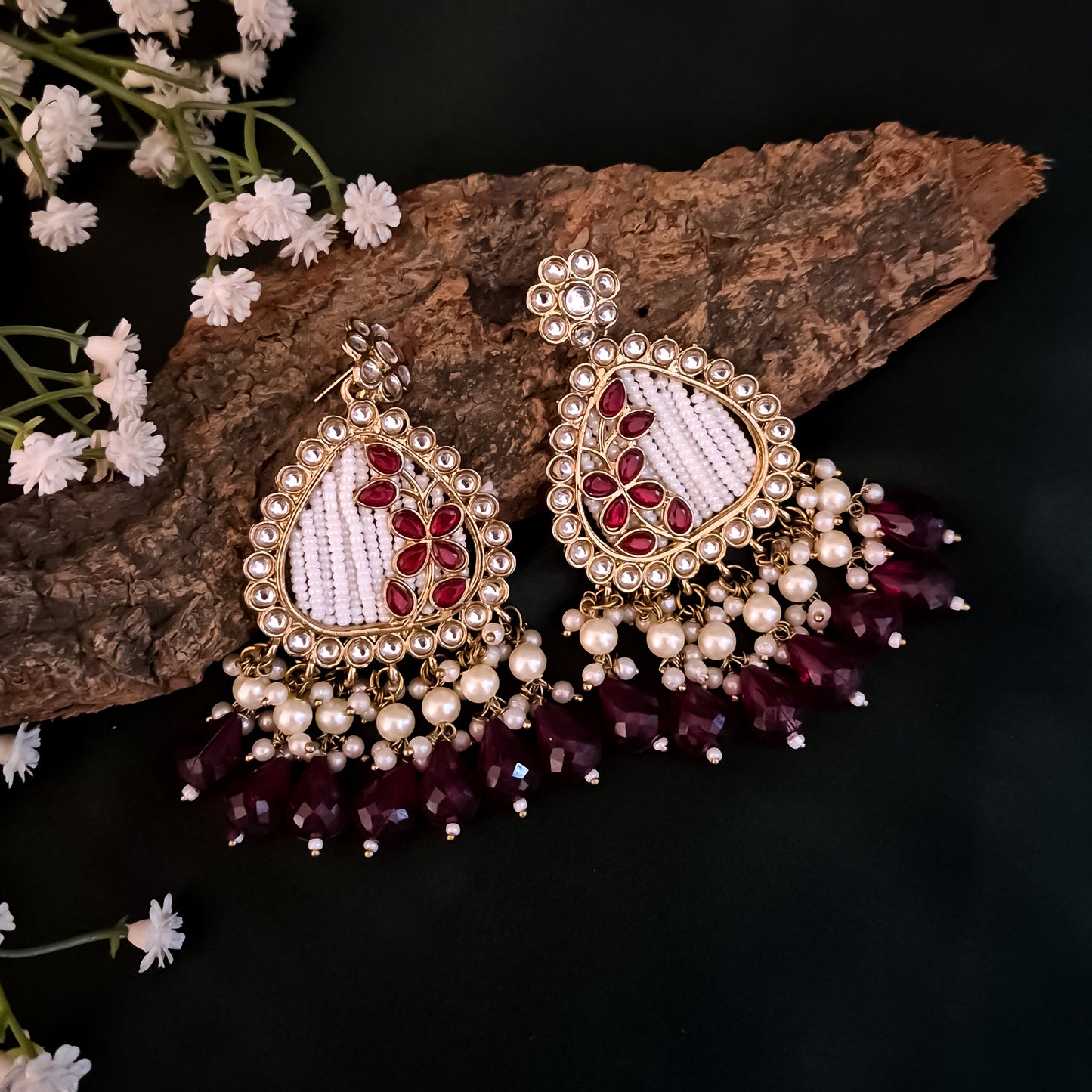 Jissa Kundan Pearl  Earrings - Maroon