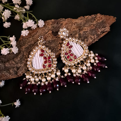 Jissa Kundan Pearl  Earrings - Maroon
