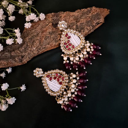 Jissa Kundan Pearl  Earrings - Maroon