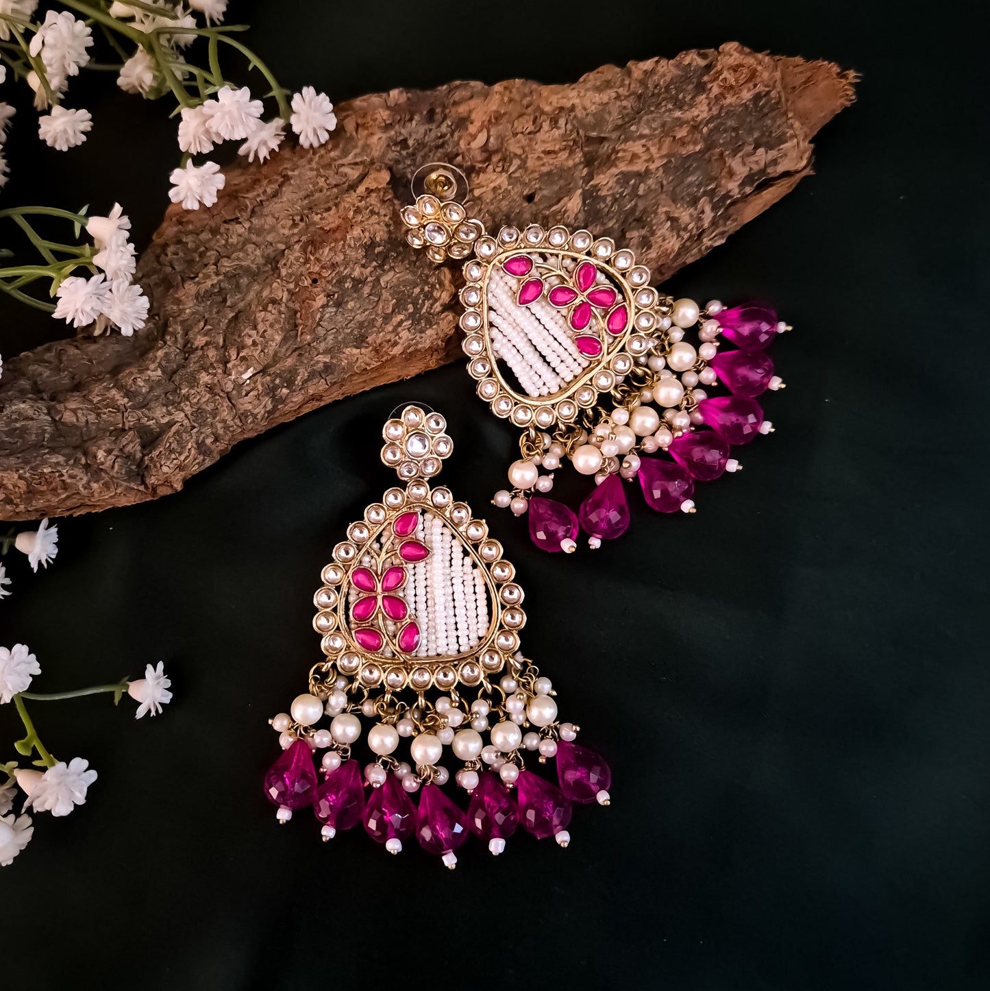 Jissa Kundan Pearl  Earrings - Hot Pink