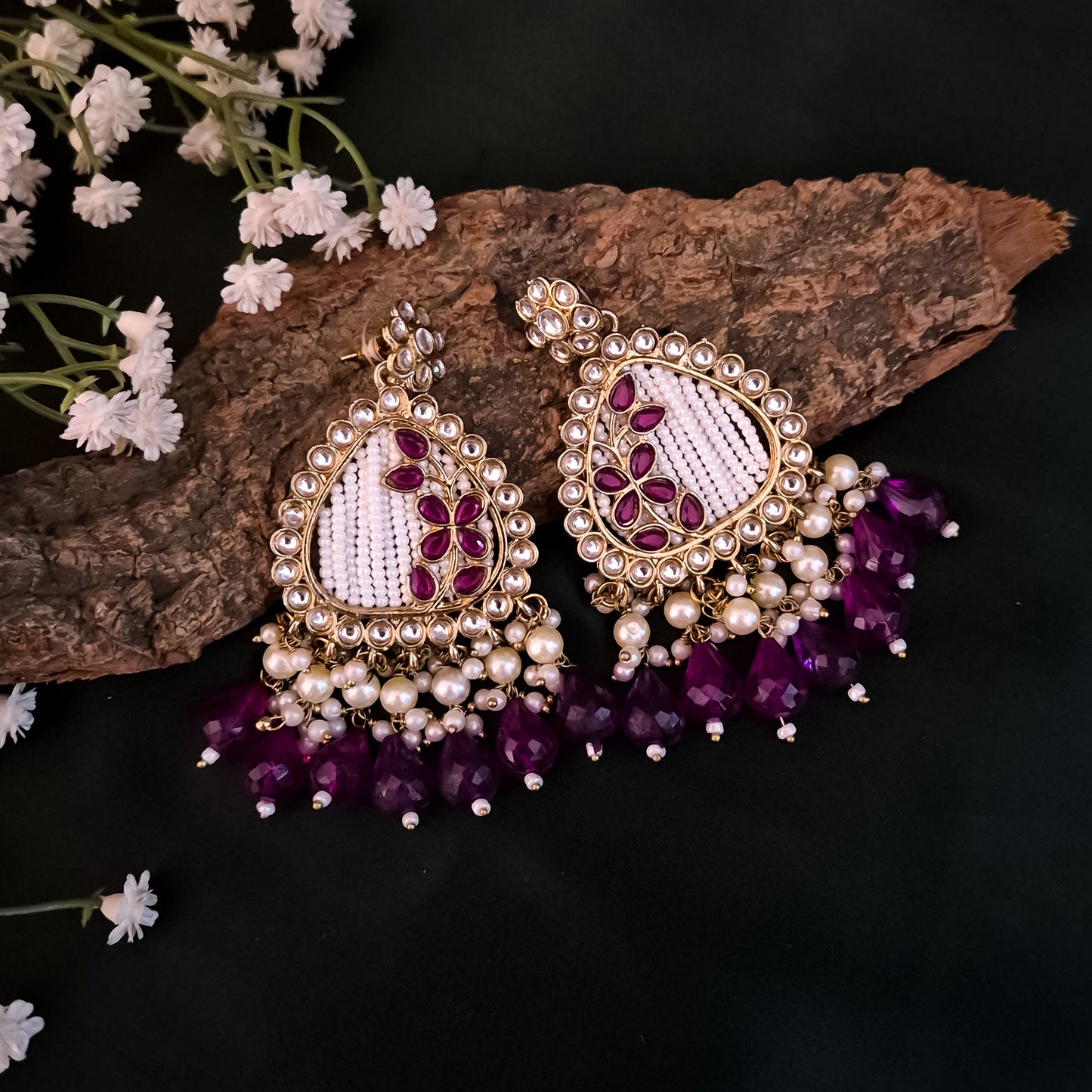 Jissa Kundan Pearl  Earrings - Purple