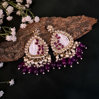Jissa Kundan Pearl  Earrings - Purple