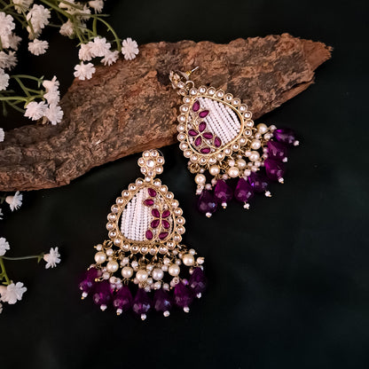 Jissa Kundan Pearl  Earrings - Purple
