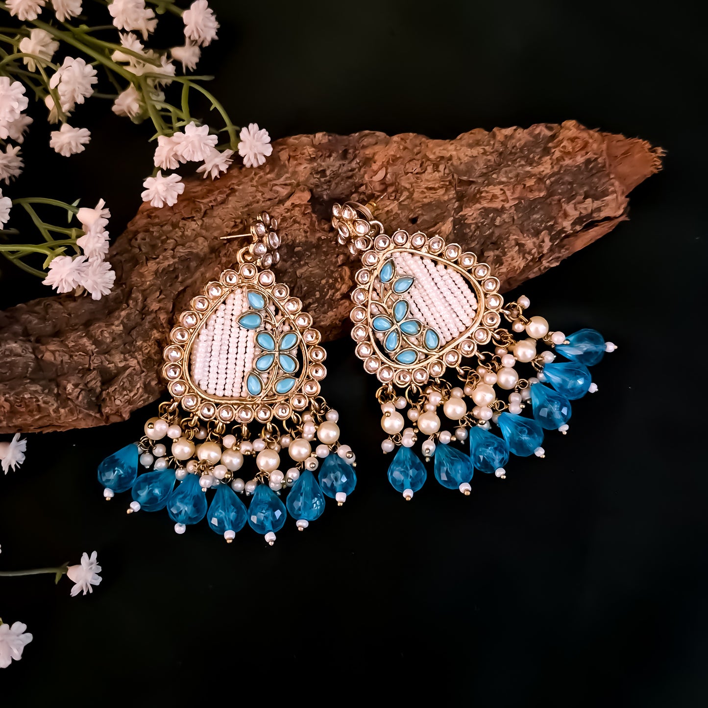 Jissa Kundan Pearl  Earrings - Sky Blue
