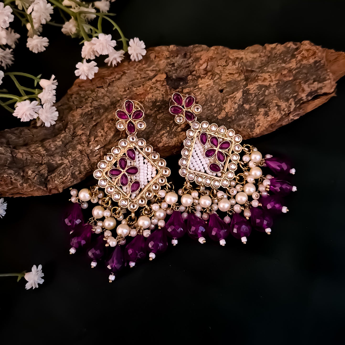 Jayati Kundan Pearl  Earrings - Purple