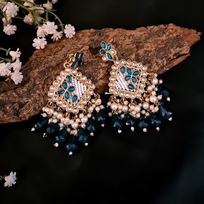 Jayati Kundan Pearl  Earrings - Peacock Blue