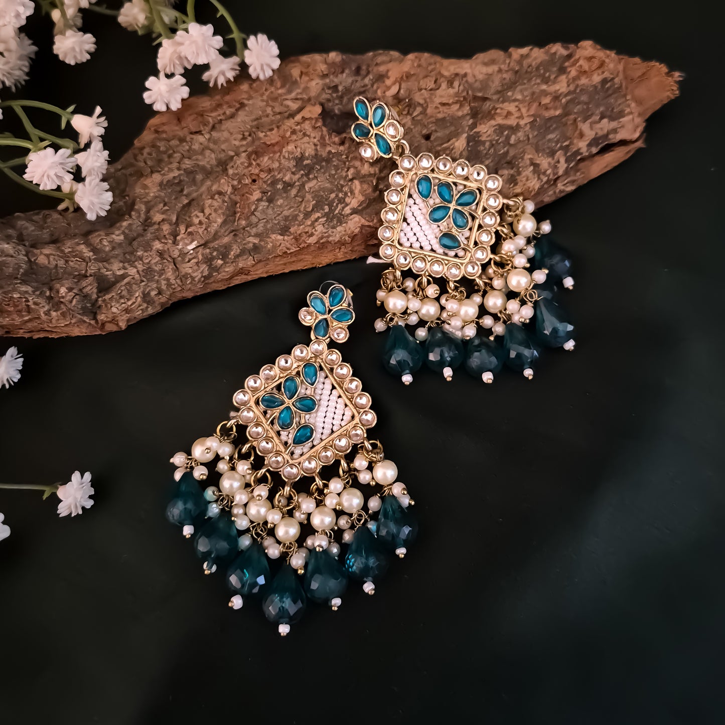 Jayati Kundan Pearl  Earrings - Peacock Blue