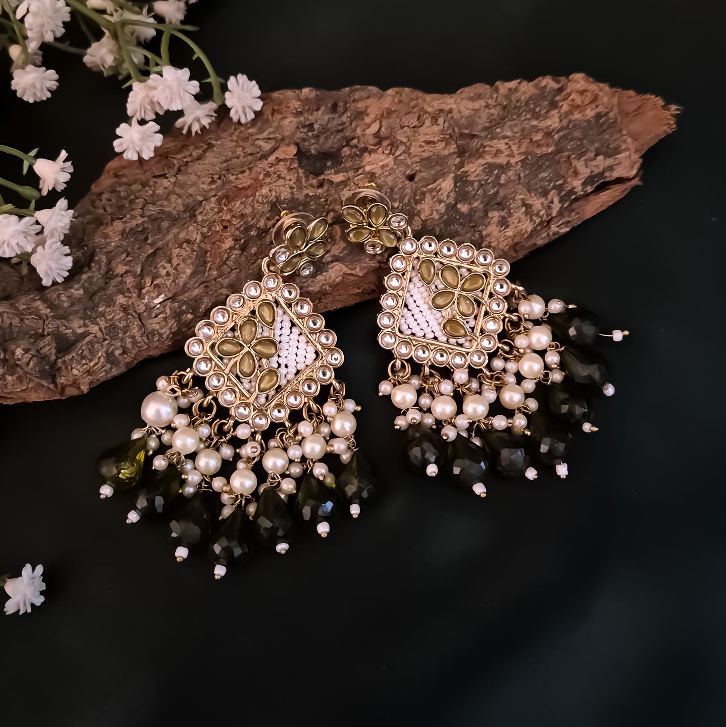 Jayati Kundan Pearl  Earrings - Mehendi Green