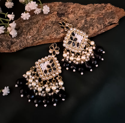 Jayati Kundan Pearl  Earrings - Black