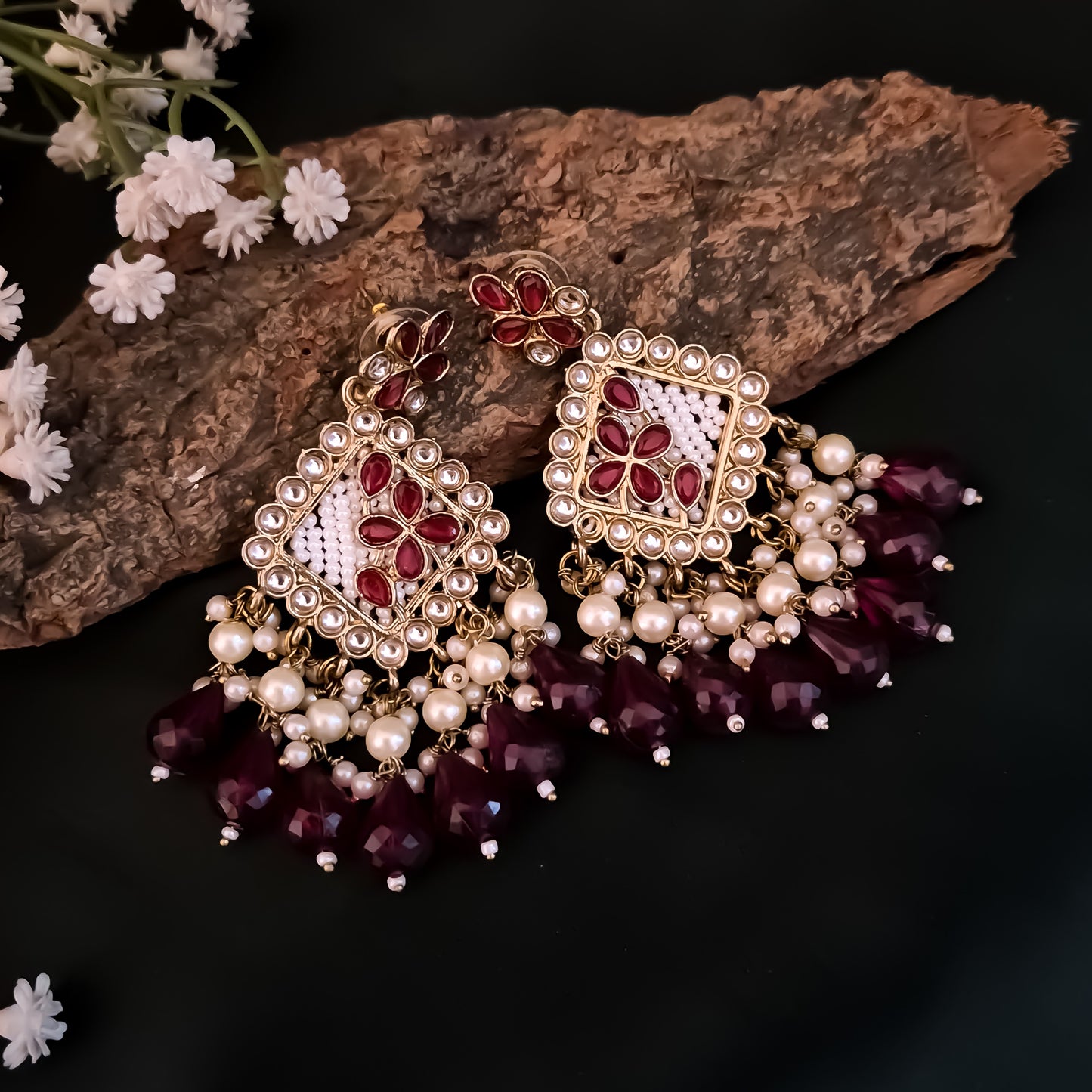 Jayati Kundan Pearl  Earrings - Maroon