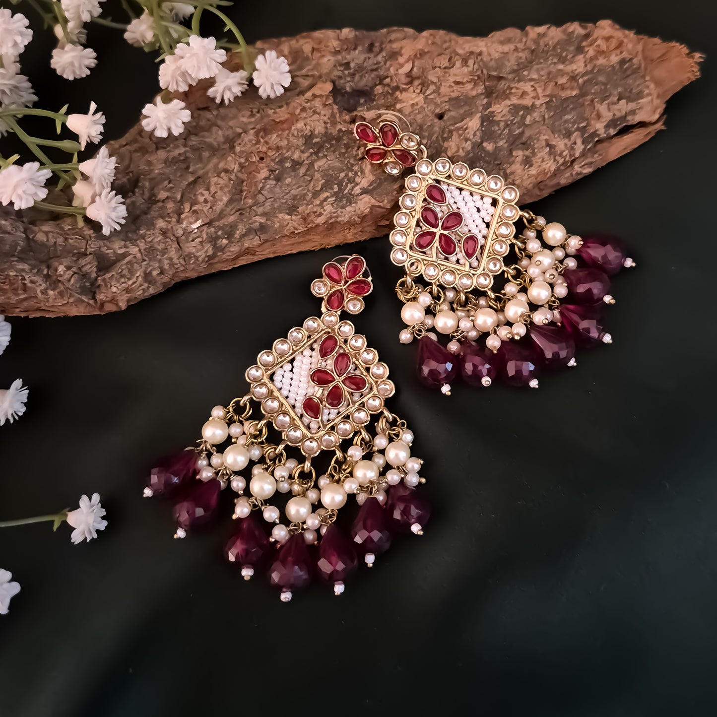 Jayati Kundan Pearl  Earrings - Maroon