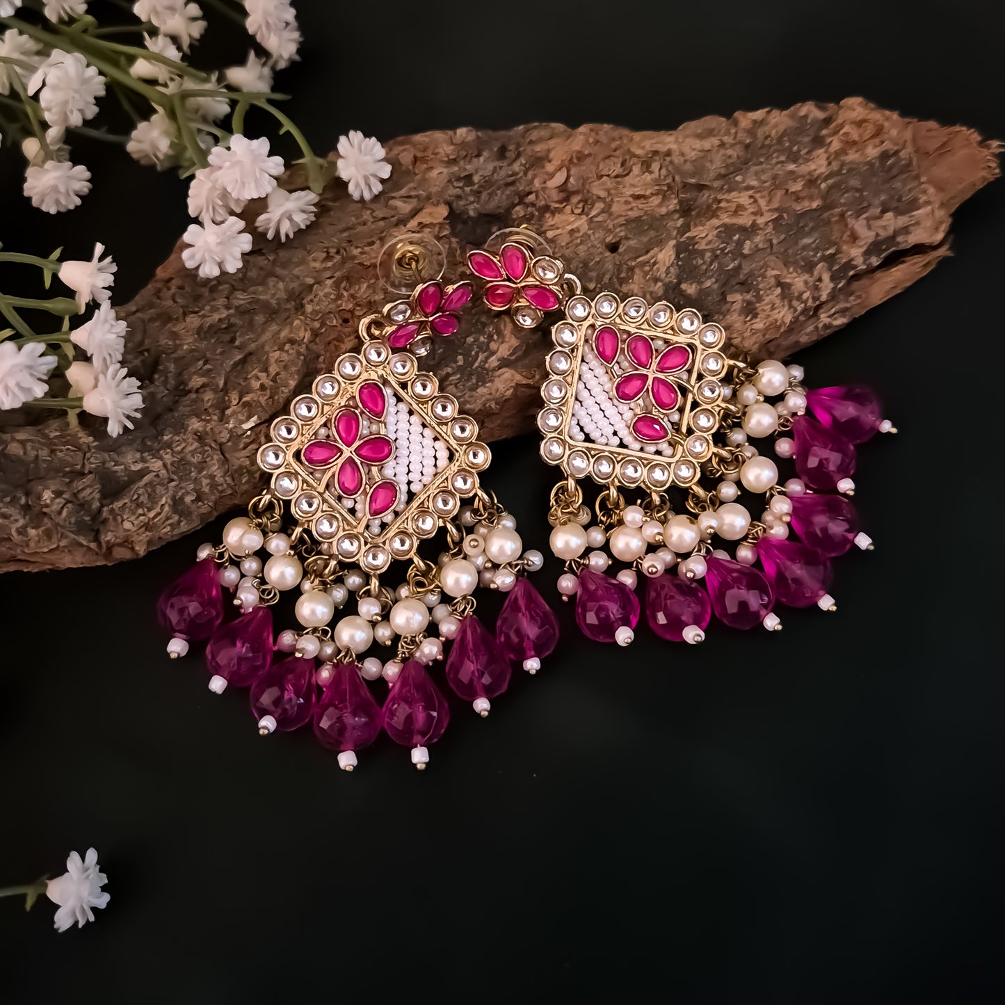 Jayati Kundan Pearl  Earrings - Hot Pink