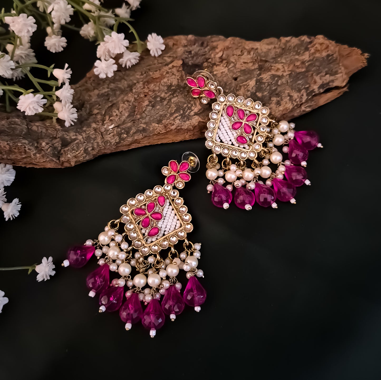 Jayati Kundan Pearl  Earrings - Hot Pink