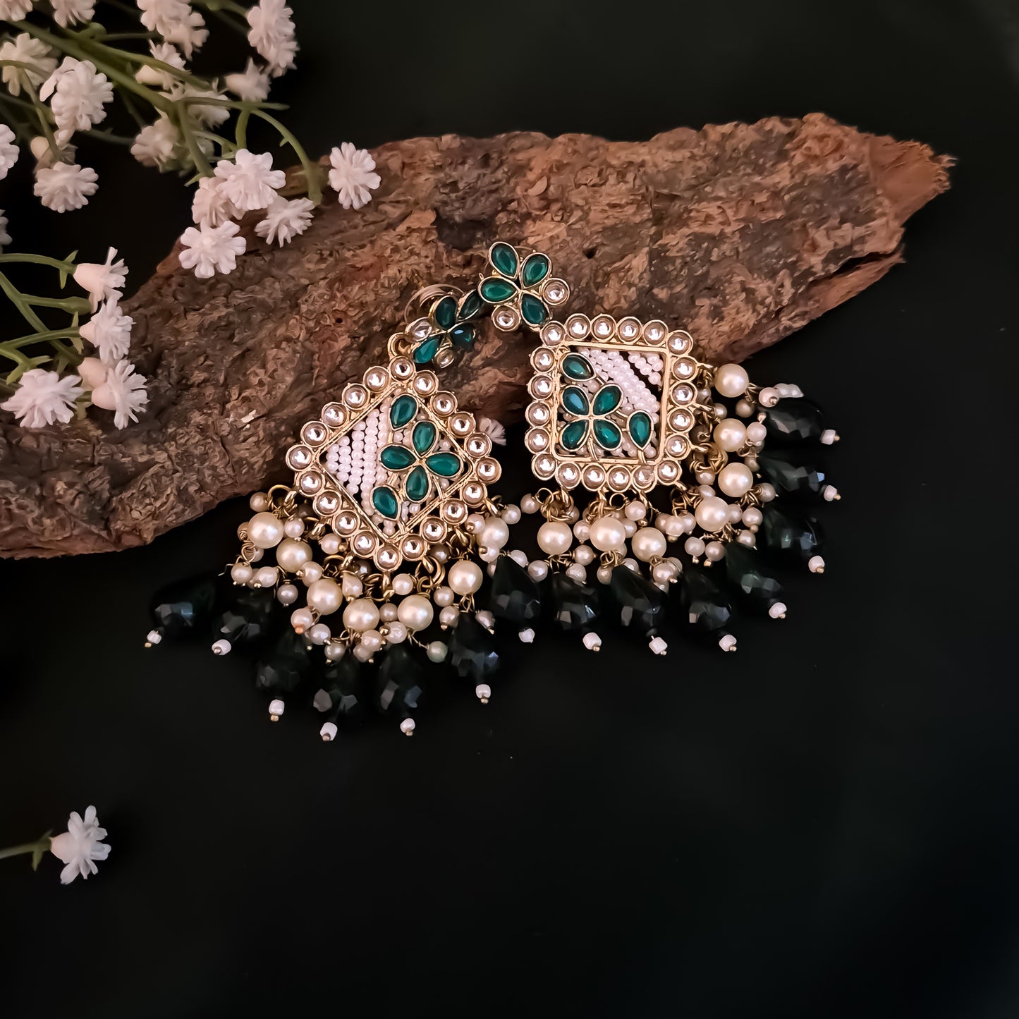 Jayati Kundan Pearl  Earrings - Green