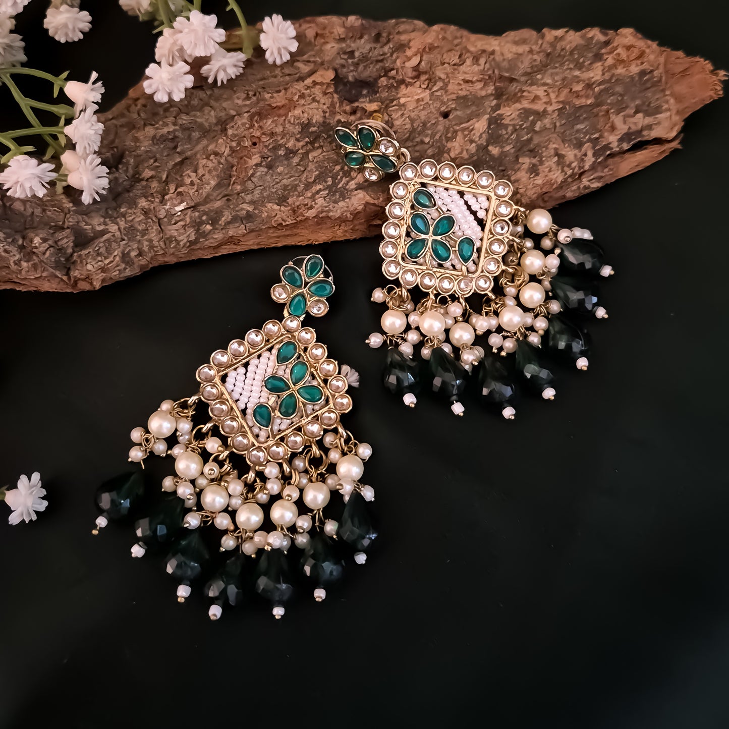 Jayati Kundan Pearl  Earrings - Green