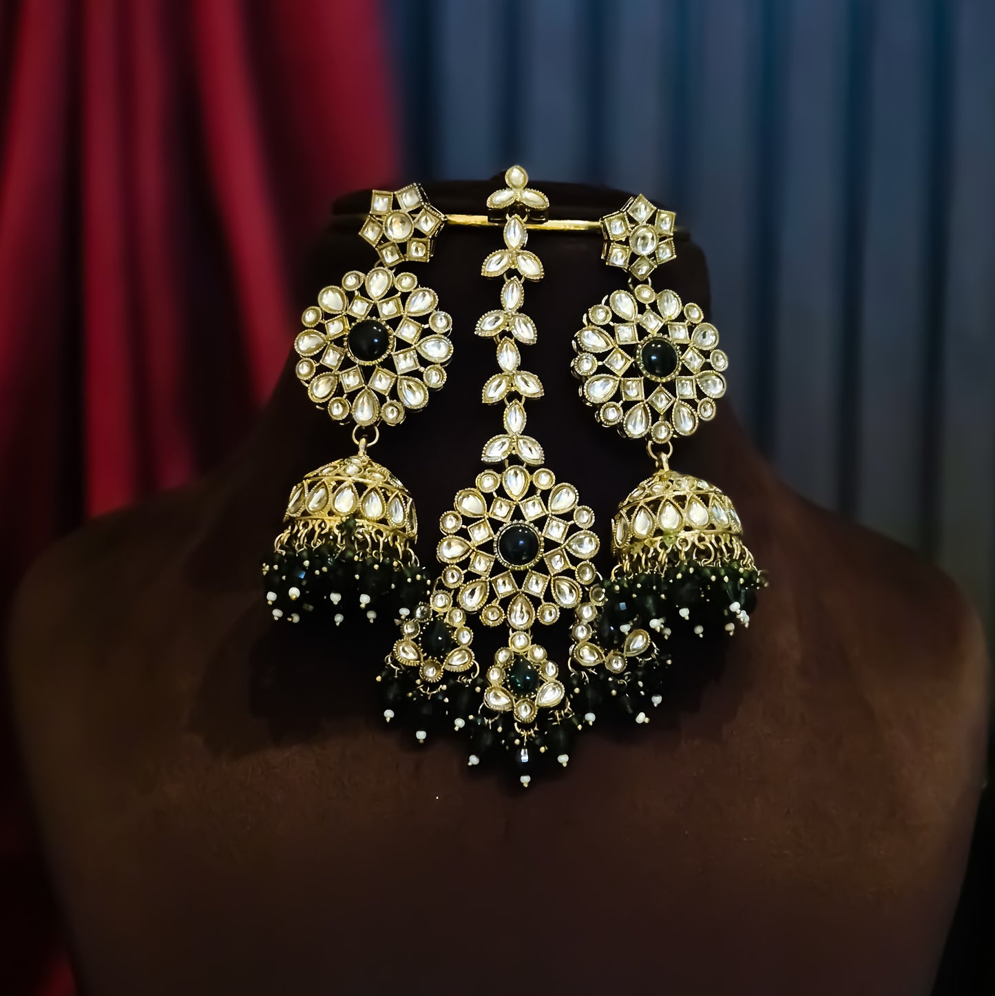 Shabana Premium Kundan Pearl Choker Necklace Set - Green