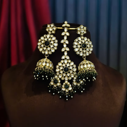 Shabana Premium Kundan Pearl Choker Necklace Set - Green