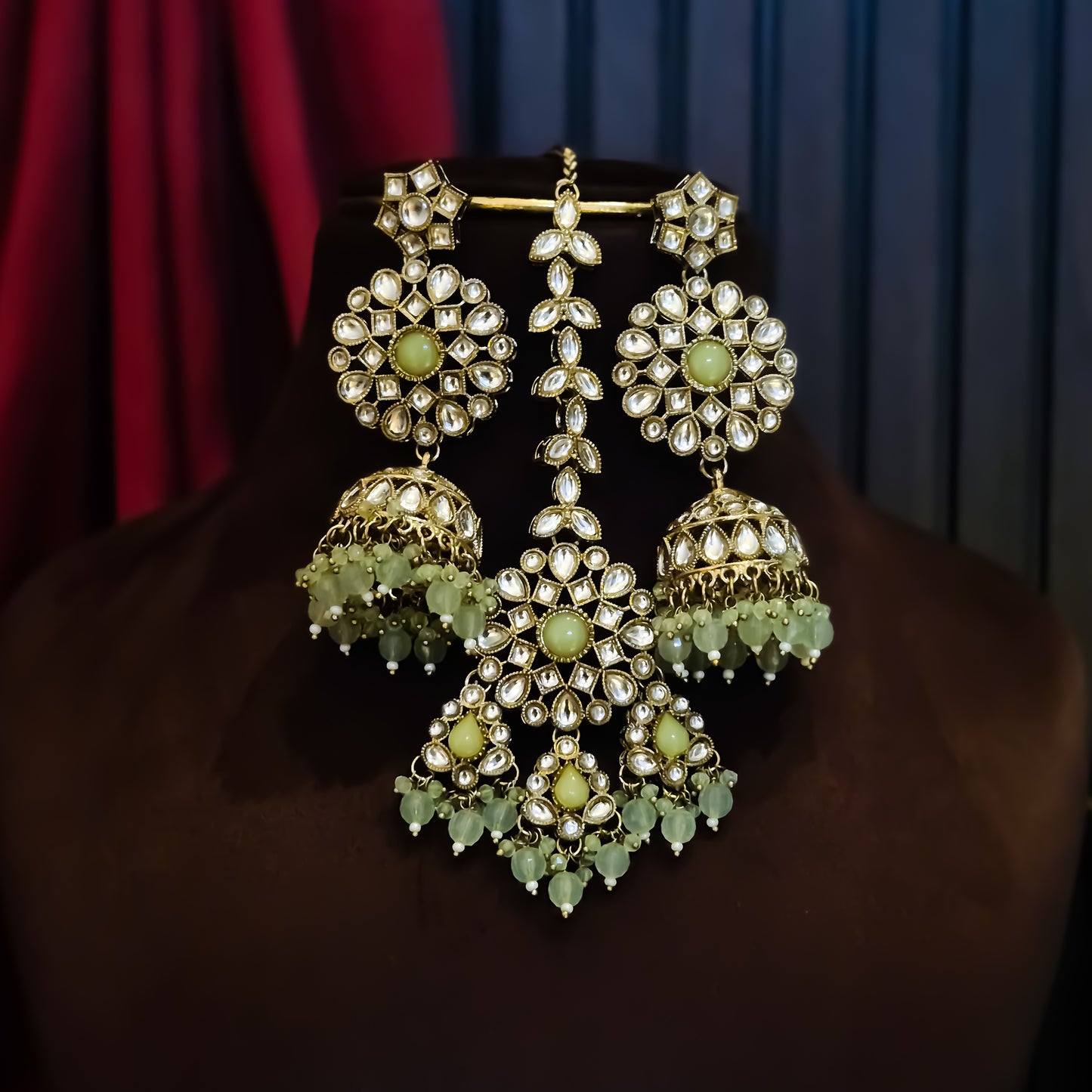 Shabana Premium Kundan Pearl Choker Necklace Set - Mint Green