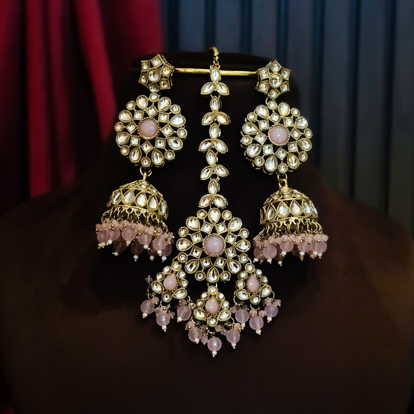 Shabana Premium Kundan Pearl Choker Necklace Set - Baby Pink