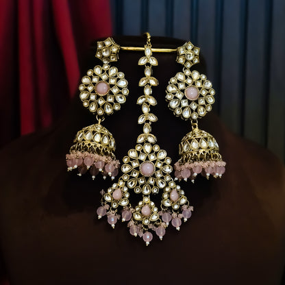 Shabana Premium Kundan Pearl Choker Necklace Set - Baby Pink