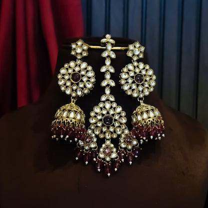 Shabana Premium Kundan Pearl Choker Necklace Set - Wine