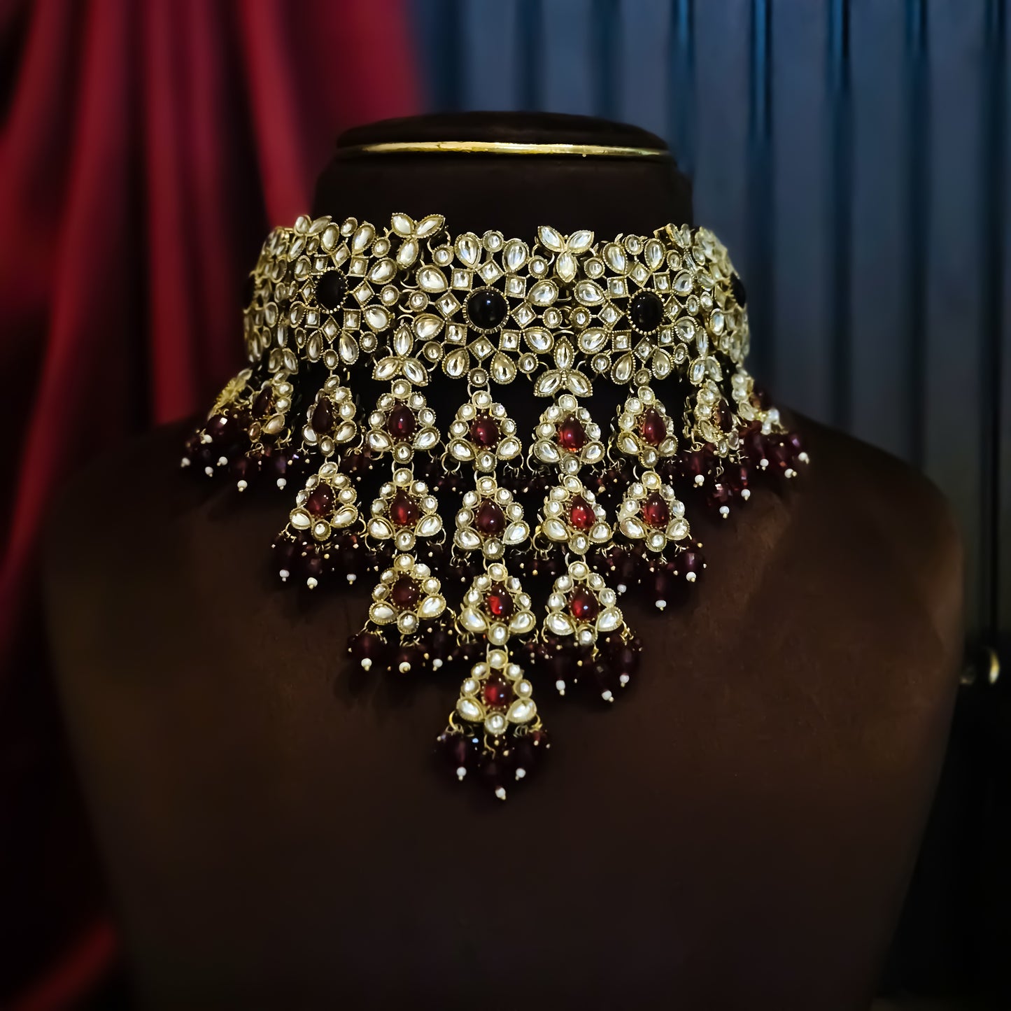 Shabana Premium Kundan Pearl Choker Necklace Set - Maroon