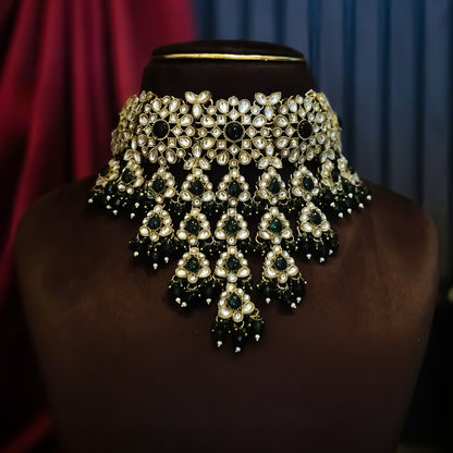 Shabana Premium Kundan Pearl Choker Necklace Set - Green