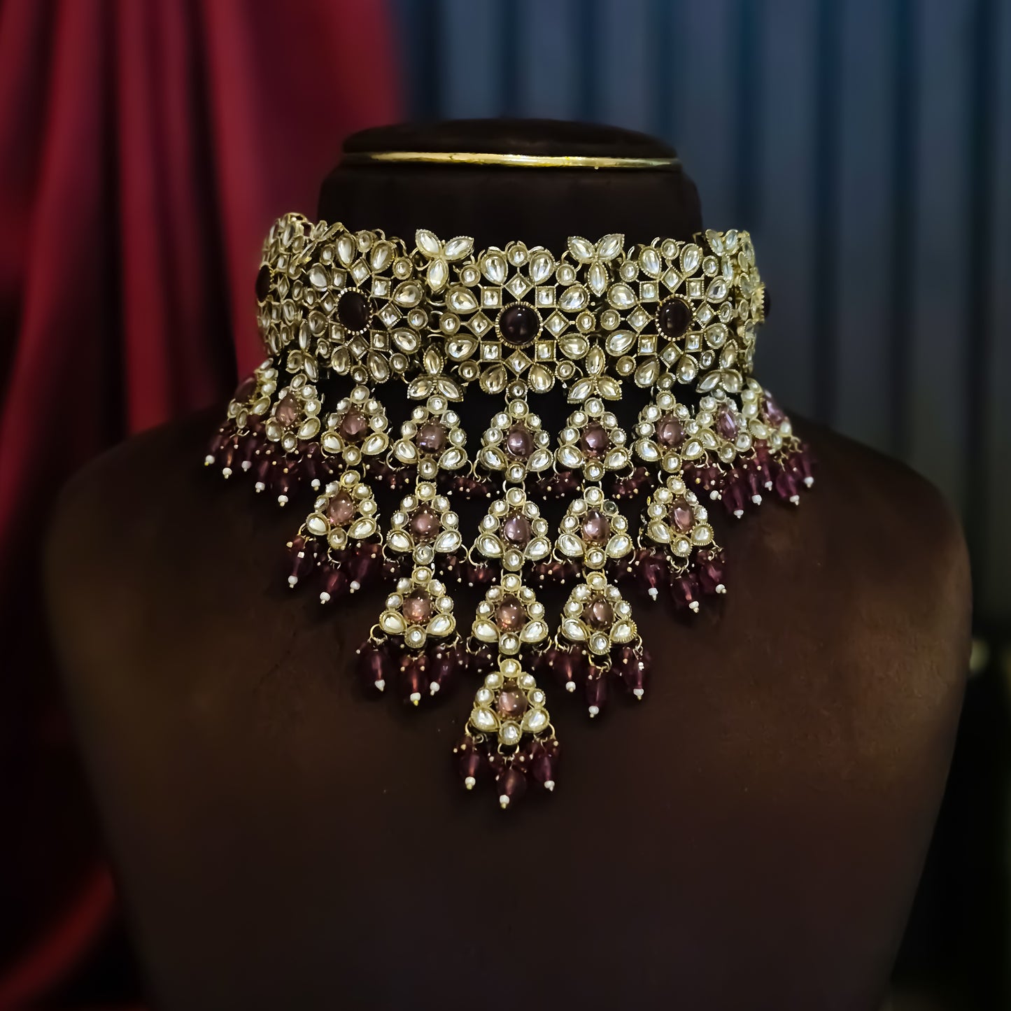 Shabana Premium Kundan Pearl Choker Necklace Set - Wine