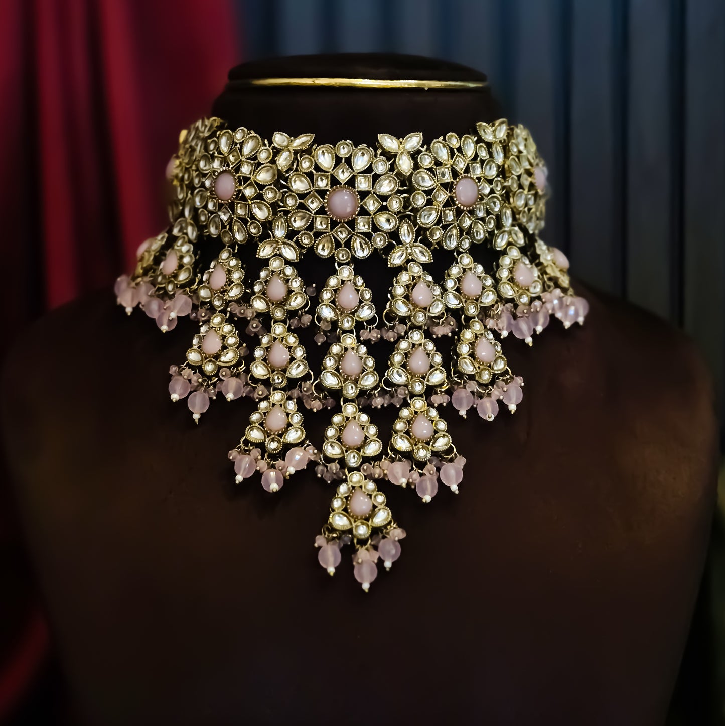 Shabana Premium Kundan Pearl Choker Necklace Set - Baby Pink