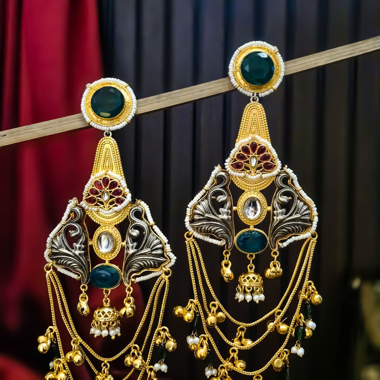 Nitika Kashmiri Brass Ghungroo Chandbali Earrings - Pink & Green